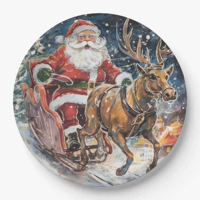 Beautiful Abstract Santa and Reindeer In a Rush Paper Plate (Front)