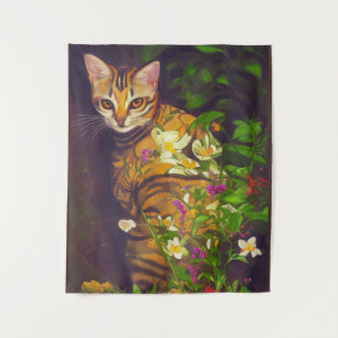 Beautiful Abyssinian Cat in a Midnight Garden Tapestry