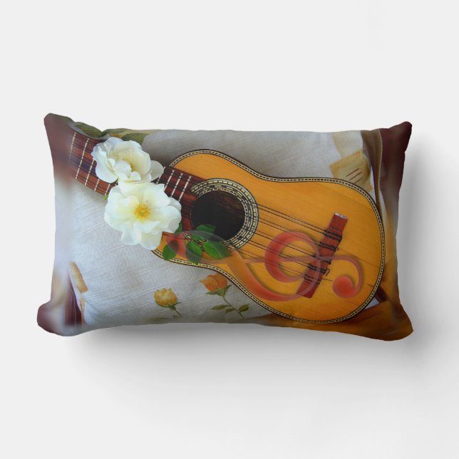 Beautiful acoustic guitar music note white linen lumbar cushion (Front)
