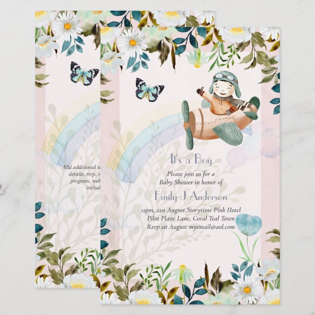 Beautiful Aeroplane Pilot Boys Baby Shower Invite (Front/Back)