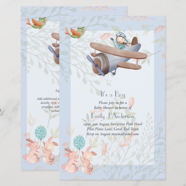 Beautiful Aeroplane Pilot Boys Baby Shower Invite (Front/Back)