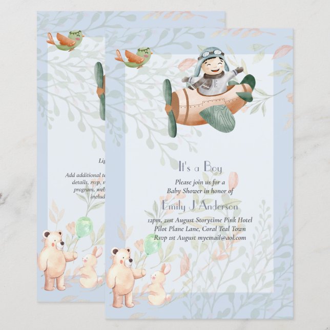 Beautiful Aeroplane Pilot Boys Baby Shower Invite (Front/Back)