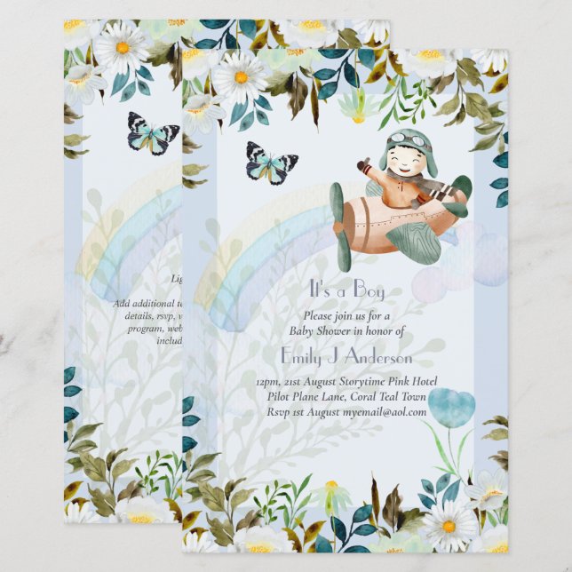 Beautiful Aeroplane Pilot Boys Baby Shower Invite (Front/Back)