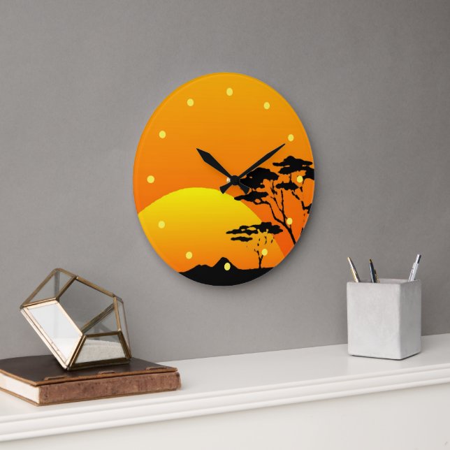 Beautiful Africa Safari Bright Orange Sunset Large Clock (Office)