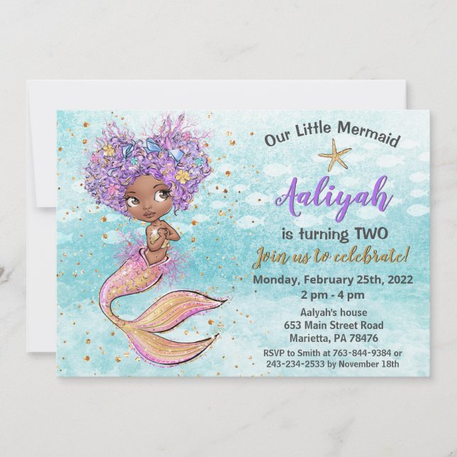 Beautiful African American Mermaid Birthday Invitation (Front)