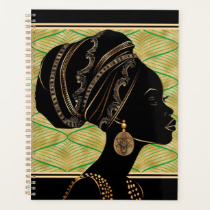Beautiful African American Woman Green Black Gold Planner