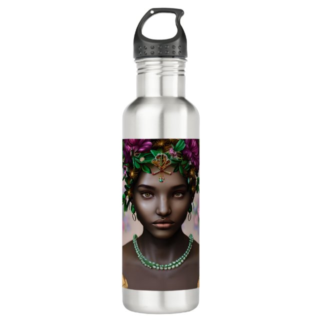 Beautiful African-American Woman with Flowers 710 Ml Water Bottle (Front)