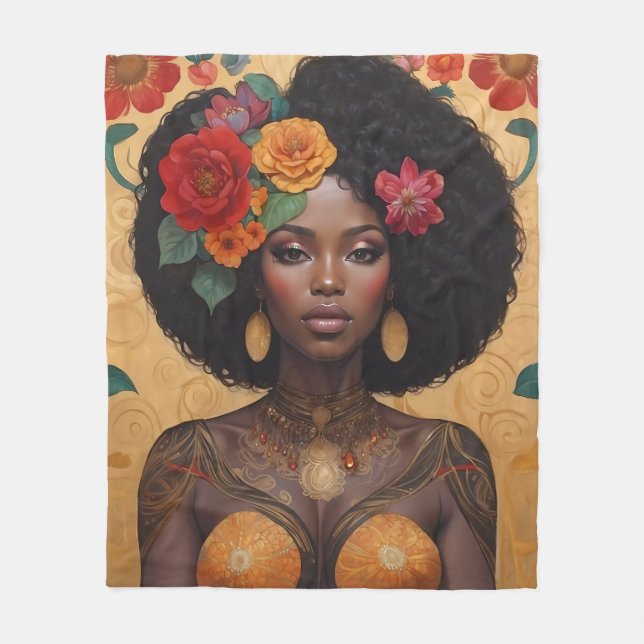 Beautiful African American Woman With Flowers Fleece Blanket (Front)
