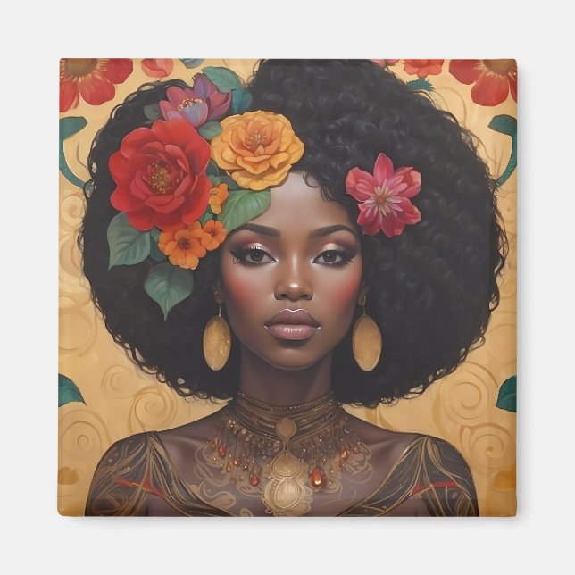 Beautiful African American Woman With Flowers Magnet (Front)