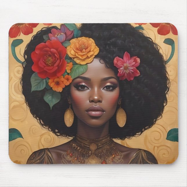 Beautiful African American Woman With Flowers Mouse Mat (Front)