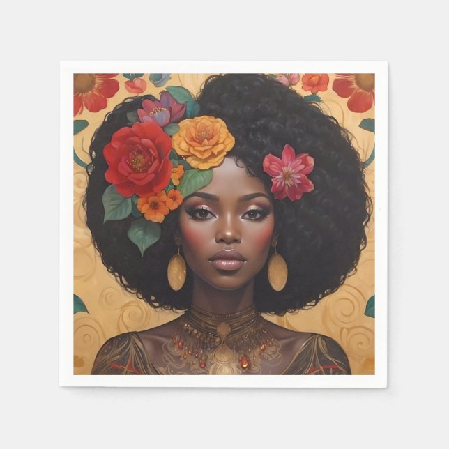 Beautiful African American Woman With Flowers Napkin (Front)