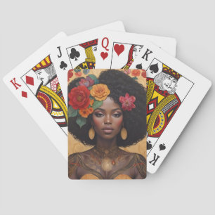 Beautiful African American Woman With Flowers Playing Cards
