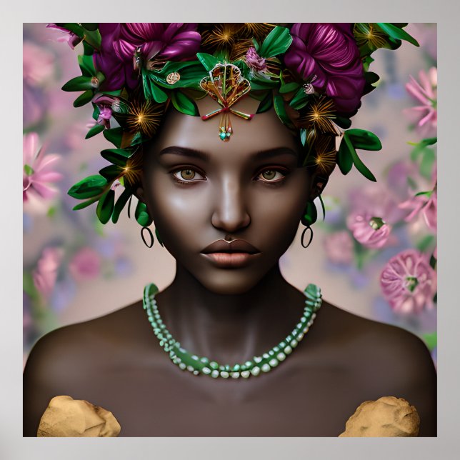 Beautiful African-American Woman with Flowers Poster (Front)