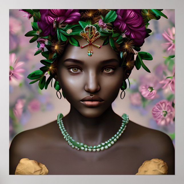 Beautiful African-American Woman with Flowers Poster (Front)