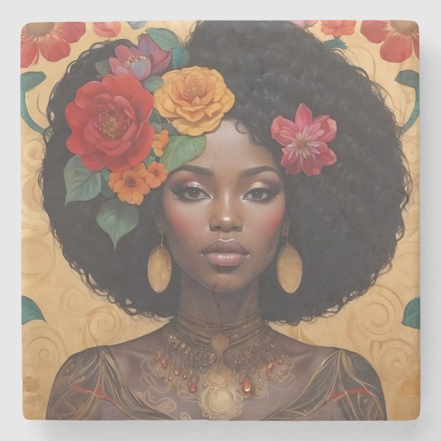 Beautiful African American Woman With Flowers Stone Coaster (Front)