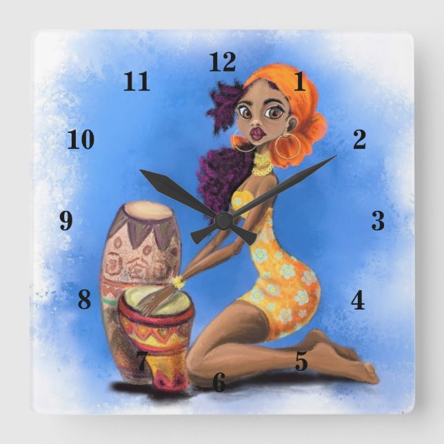 Beautiful African Drummer Girl - Happy Music Party Square Wall Clock (Front)