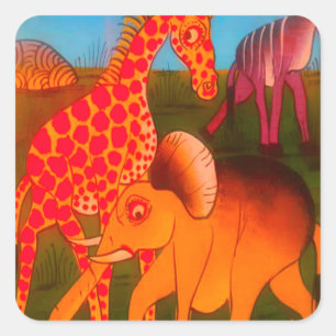 Beautiful African Elephant Giraffe animal safari  Square Sticker