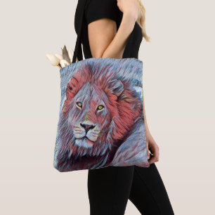 Beautiful African Lion Watercolor in Red and Blue Tote Bag