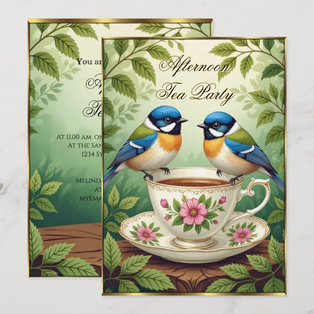 Beautiful Afternoon Tea Party Colourful Birds  Invitation (Front/Back)
