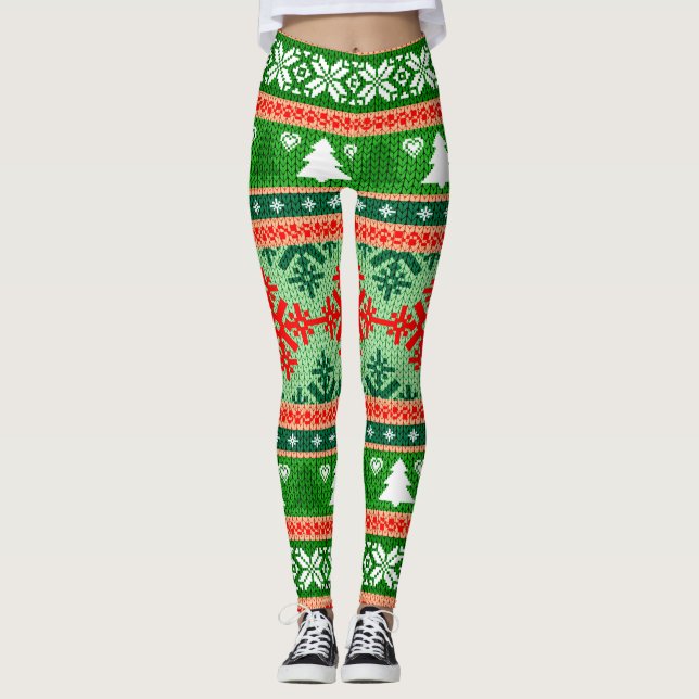 Beautiful All-Over Print Christmas Knit Wallpaper Leggings (Front)