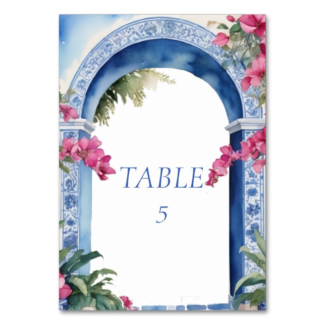 Beautiful Amalfi Coast Bougainvillea Blue Tiles Table Number (Front)