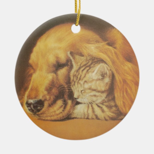 Beautiful Amazing Cat and Dog Cuddling Art Print Ceramic Tree Decoration (Front)