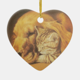 Beautiful Amazing Cat and Dog Cuddling Art Print Ceramic Tree Decoration
