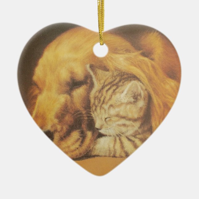 Beautiful Amazing Cat and Dog Cuddling Art Print Ceramic Tree Decoration (Front)