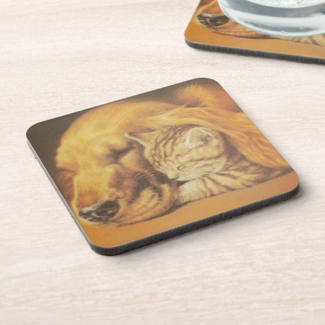 Beautiful Amazing Cat and Dog Cuddling Art Print Coaster (Left Side)