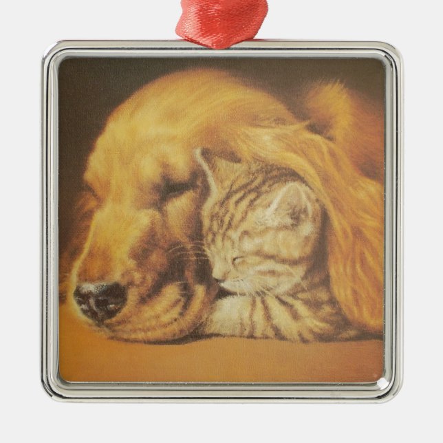 Beautiful Amazing Cat and Dog Cuddling Art Print Metal Tree Decoration (Front)
