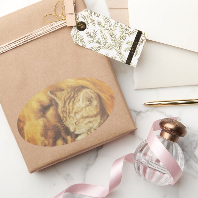 Beautiful Amazing Cat and Dog Cuddling Art Print Oval Sticker (Gifting)