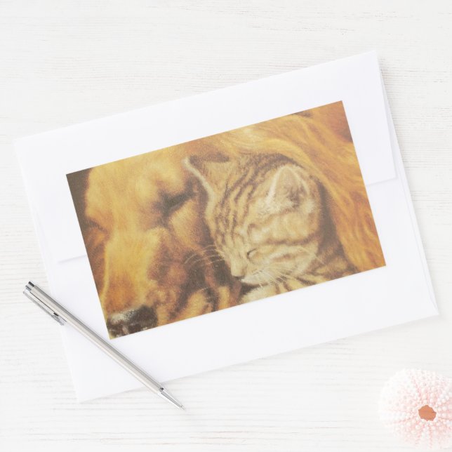 Beautiful Amazing Cat and Dog Cuddling Art Print Rectangular Sticker (Envelope)