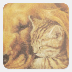 Beautiful Amazing Cat and Dog Cuddling Art Print Square Sticker