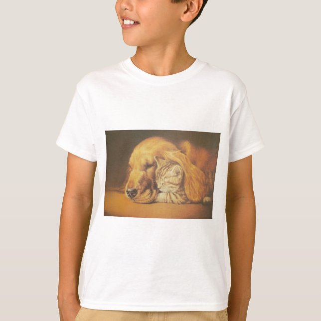 Beautiful Amazing Cat and Dog Cuddling Art Print T-Shirt (Front)