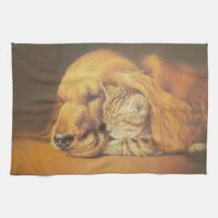 Beautiful Amazing Cat and Dog Cuddling Art Print Tea Towel