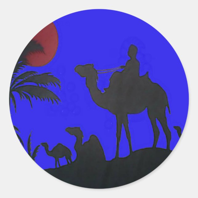Beautiful Amazing Sunset Camel Safari Art Print Classic Round Sticker (Front)
