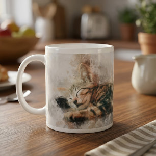 Beautiful and cute kitten sleeping watercolor coffee mug