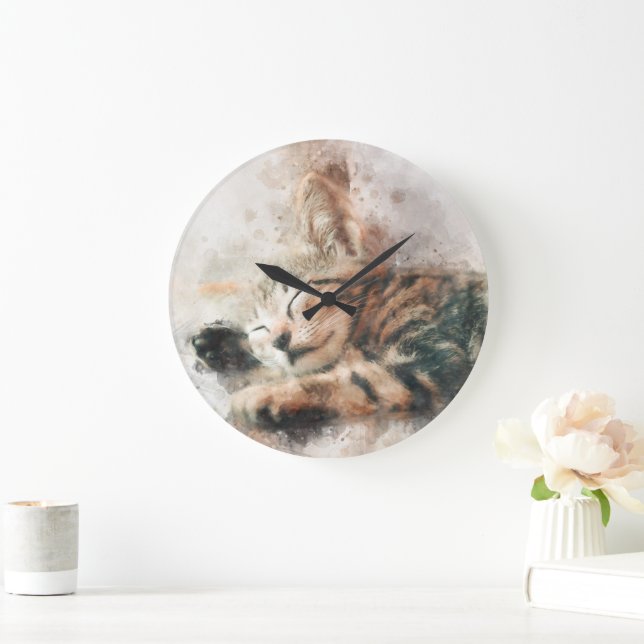 Beautiful and cute kitten sleeping watercolor large clock (Home)