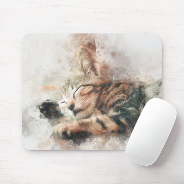 Beautiful and cute kitten sleeping watercolor mouse mat (With Mouse)