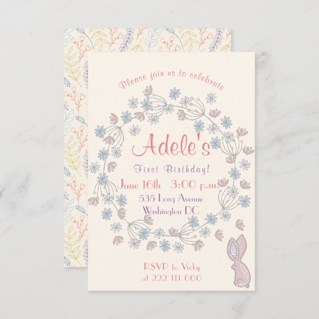 Beautiful and simple girl's 1ST birthday Floral Invitation (Front/Back)