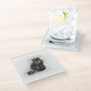 Beautiful and trendy black cat distressed image glass coaster
