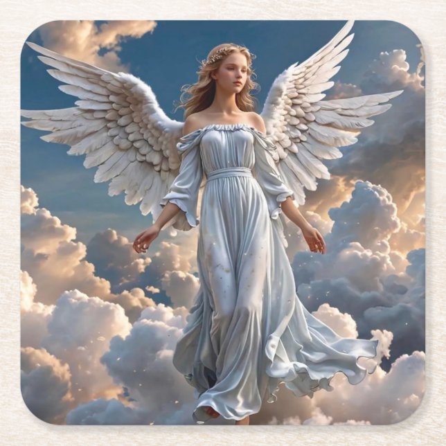 Beautiful Angel  w/Wings Floating Above the Clouds Square Paper Coaster (Front)