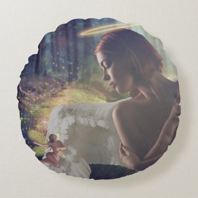 Beautiful Angel with Fairy Fantasy Art Round Cushion (Front)