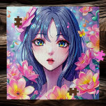 Beautiful Anime Girl and Flowers Jigsaw Puzzle<br><div class="desc">Pretty purple and pink flowers and  anime girl with striking eyes feminine puzzle.</div>