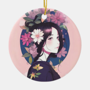 Beautiful Anime Girl Crowned with Flowers Ceramic Tree Decoration