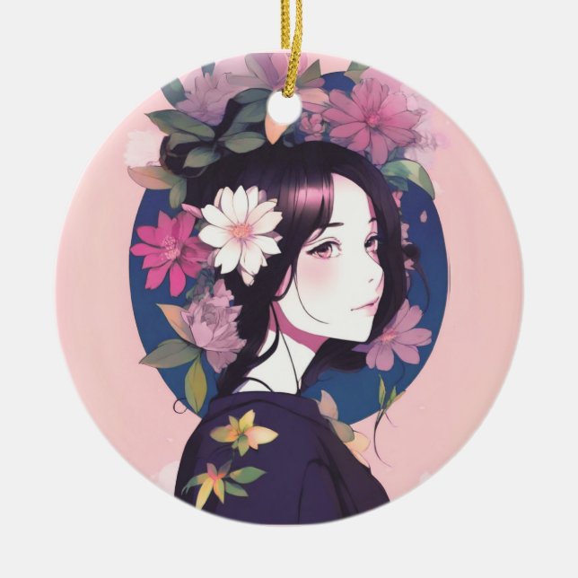 Beautiful Anime Girl Crowned with Flowers Ceramic Tree Decoration (Front)