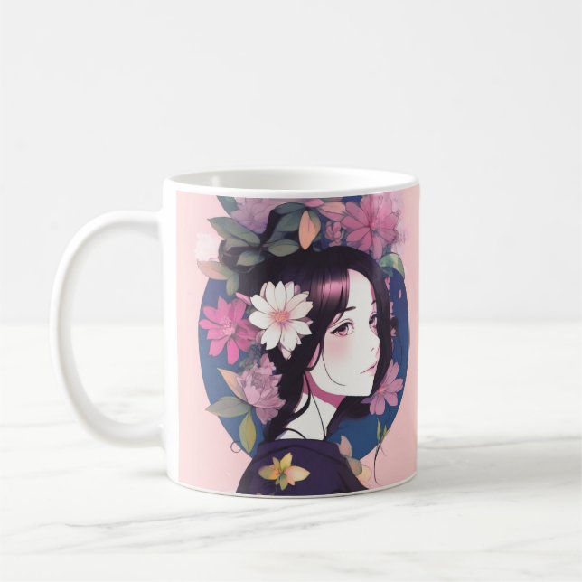 Beautiful Anime Girl Crowned with Flowers Coffee Mug (Left)