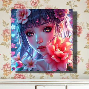 Beautiful Anime Girl Glitchcore Floral Canvas Print