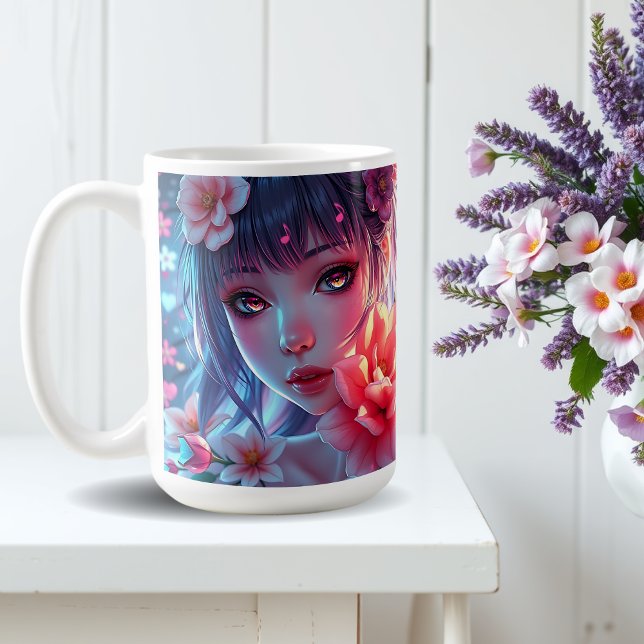 Beautiful Anime Girl Glitchcore Floral Coffee Mug (Creator Uploaded)