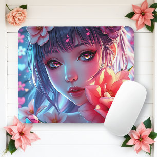 Beautiful Anime Girl Glitchcore Floral Mouse Mat